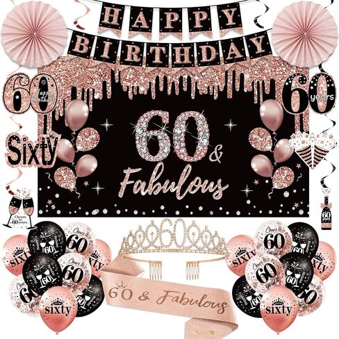 60th Birthday Decorations for Women, 33pcs 60th Birthday Crown and Sash, Black Rose Gold Happy 60th Birthday Banner Balloons Backdrop Hanging Swirls Paper Fans, 60 Years Old Birthday Decorations Kit in Saudi Arabia