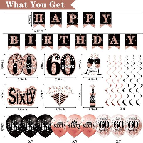 60th Birthday Decorations for Women, 33pcs 60th Birthday Crown and Sash, Black Rose Gold Happy 60th Birthday Banner Balloons Backdrop Hanging Swirls Paper Fans, 60 Years Old Birthday Decorations Kit in Saudi Arabia