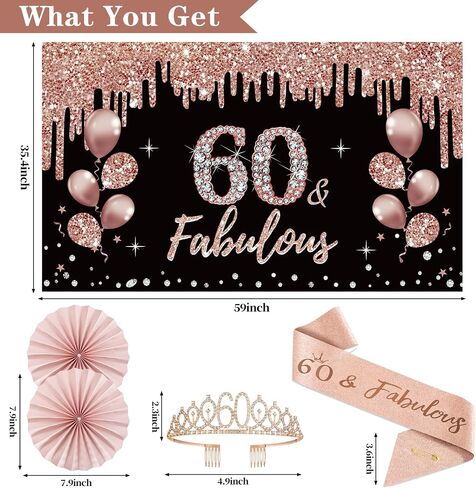 60th Birthday Decorations for Women, 33pcs 60th Birthday Crown and Sash, Black Rose Gold Happy 60th Birthday Banner Balloons Backdrop Hanging Swirls Paper Fans, 60 Years Old Birthday Decorations Kit in Saudi Arabia