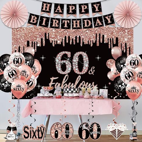 60th Birthday Decorations for Women, 33pcs 60th Birthday Crown and Sash, Black Rose Gold Happy 60th Birthday Banner Balloons Backdrop Hanging Swirls Paper Fans, 60 Years Old Birthday Decorations Kit in Saudi Arabia