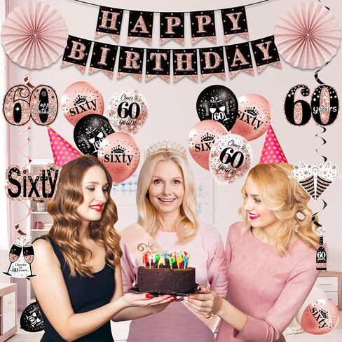 60th Birthday Decorations for Women, 33pcs 60th Birthday Crown and Sash, Black Rose Gold Happy 60th Birthday Banner Balloons Backdrop Hanging Swirls Paper Fans, 60 Years Old Birthday Decorations Kit in Saudi Arabia