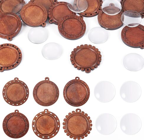 Cheriswelry 18Pcs Bezel Pendant Trays Flat Round Wooden Blank Pendant Trays Glass Cabochon Clear Dome 37.5-40mm for DIY Craft Photo Jewelry Making in Saudi Arabia