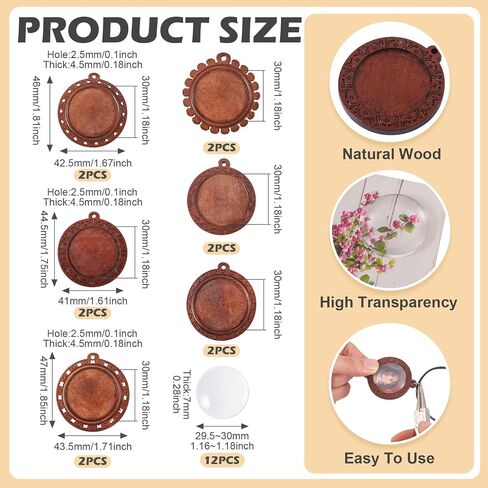 Cheriswelry 18Pcs Bezel Pendant Trays Flat Round Wooden Blank Pendant Trays Glass Cabochon Clear Dome 37.5-40mm for DIY Craft Photo Jewelry Making in Saudi Arabia