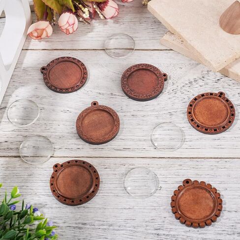 Cheriswelry 18Pcs Bezel Pendant Trays Flat Round Wooden Blank Pendant Trays Glass Cabochon Clear Dome 37.5-40mm for DIY Craft Photo Jewelry Making in Saudi Arabia