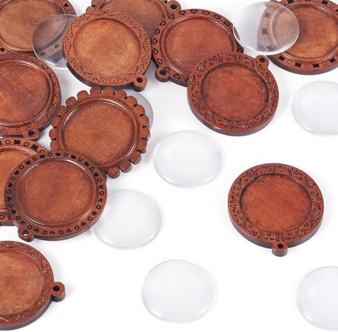 Cheriswelry 18Pcs Bezel Pendant Trays Flat Round Wooden Blank Pendant Trays Glass Cabochon Clear Dome 37.5-40mm for DIY Craft Photo Jewelry Making in Saudi Arabia
