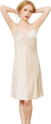 QENSILK Women’s 19 Momme Mulberry Silk Nightgown V-neck Chemise Sleepwear Spaghetti-Strap Nightdress Slip Dress in Kuwait