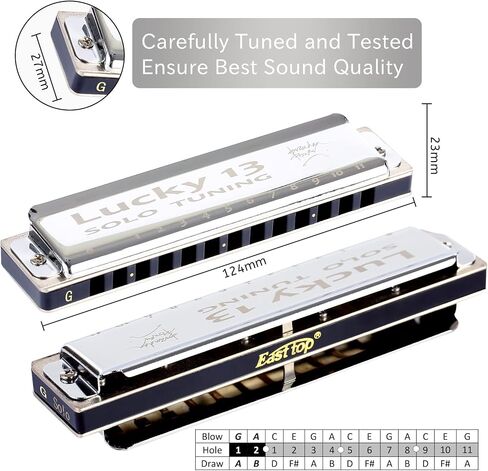 East top Lucky 13 Bass Plus Blues Harmonica 13 Holes Diatonic Harp Mouth Organ Professional Musical Instruments Solo harmonica D key for Adults in Kuwait