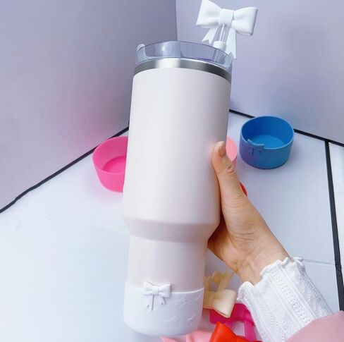 7.5cm Silicone Bottle Cover &10mm Bow Shape Straw Topper for Stanley Cup 12-40oz (Black) in Saudi Arabia
