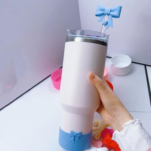 7.5cm Silicone Bottle Cover &10mm Bow Shape Straw Topper for Stanley Cup 12-40oz (Black) in Saudi Arabia