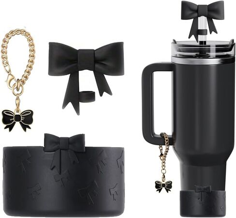 7.5cm Silicone Bottle Cover &10mm Bow Shape Straw Topper for Stanley Cup 12-40oz (Black) in Saudi Arabia