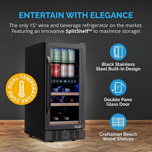 NewAir 24" Wine and Beverage Refrigerator, 24 Bottle and 100 Can Dual Zone Drink Cooler, Black Stainless Steel Built-in Beer and Wine Cooler Refrigerator for Kitchen Cabinet, Bar Cabinet, Home Office in Saudi Arabia