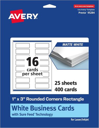 Avery Printable Rectangle Rounded Corner Mini Business Cards with Sure Feed Technology, 1" x 3", Matte White Cardstock, Print-to-the-Edge, Laser/Inkjet, 400 Total in Saudi Arabia