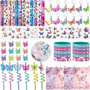 144 PCS Butterfly Party Favors مجموعة مع قش الفراشة مفاتيح مفاتيح صفعة صفعة ملصقات الوشم معصمة مقاطع الشعر