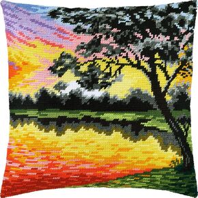 Brvsk Landscape Embroidery Kit for Adults and Beginners — Sunset 16″ × 16″ with Clear, Precise Printed Design on Cotton Canvas; Includes 2 Needles, Yarn, and Easy-Read Chart