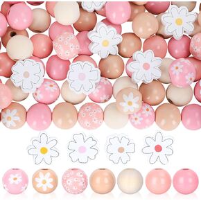 Whaline 230Pcs Boho Daisy Summer Flower Wooden Beads 16mm Round 4 Colors Loose Beads 20mm Daisy Beads Natural Colorful Floral Printed Beads for DIY Crafts Jewelry Necklaces Bracelet Keychain Making