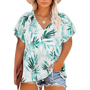 Halife Women's Plus Size Boho Tops Floral Printed V Neck Casual Summer Blouses Shirts