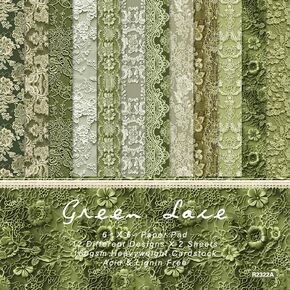 24 Sheets Green Lace Scrapbook Paper 6'' x 6'' Green Lace Pattern Pad Green Lace Single-sided Scrapbook Paper Green Lace Craft Paper for Card Making Kit Green Lace Cardstock Origami DIY