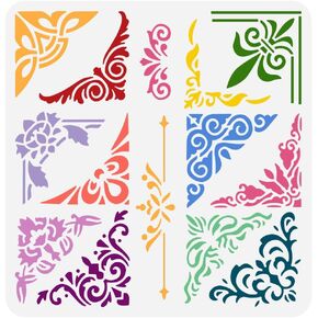 إصبع الأزهار الزهري استنسل 11.8x11.8 بوصة الحدود الزخرفية قالب الطلاء 12 أنماط زاوية 2 أنماط الحدود الاستنسل للطلاء على جدار الخشب الأثاث الورقي الأثاث