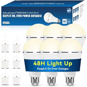 KeepLit 8PK A19 Emergency Rechargeable Light Bulbs, 48H Light Up & 3 Brightness Emergency Power Outage Light Bulbs,12W Battery Backup Emergency Lights for Power Failure, Hurricane (Daylight)
