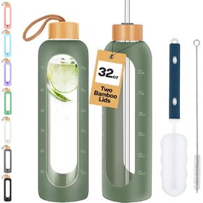 Glass Water Bottles 32 oz - Motivational Drinking Glass Water Bottle with Silicone Sleeve, Straw & 2 Bamboo Lids - 1 Liter Clear Borosilicate Wide Mouth Daily Intake Waterbottle with Time Marker