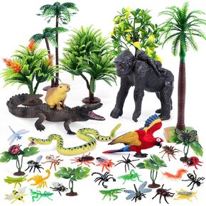 Sienon 39pcs التماثيل المطيرة في الغابات المطيرة مجموعة طراز Tress Kit Project Rainforest Diorama مع غوريلا ببغاء التمساح Capybara Anaconda Snake Playet