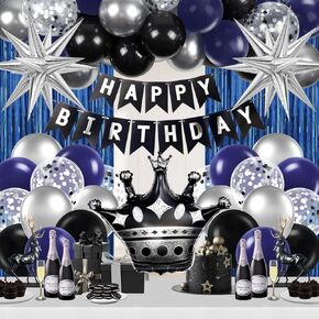البالونات الفضية والبحرية الزرقاء المعدنية ، بانر عيد ميلاد سعيد و Stertains Blue Fringe لرجال الولادة 21 و 25 و 30 و 40 و 50 و 60