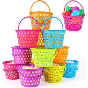 Sizonjoy 12 Pack Easter Cards for Kids ، 8.6 "أكياس عيد الفصح البلاستيكية مع مقابض ، وأكياس دلو عيد الفصح مملوءة بالعشب ، والزخارف المثالية للحفلات.