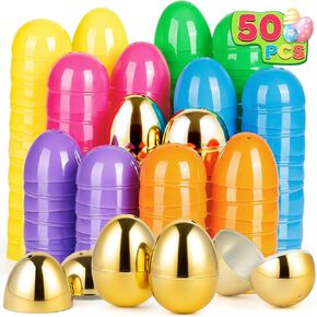 jumlys 50 pcs 2.4 "بيض عيد الفصح البلاستيكي ، و 42 قطعة بيض عيد الفصح فارغ مع 8 بيض ذهبي ، وبيض مملوءة مع المفصلات ، مثالية لصيد عيد الفصح ، حشو سلة السلة وفضلات موضوع عيد الفصح