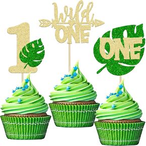 24 حزمة الغابة Safari Safari Monstera Leaf Cupcake Topcake Glitter Wild Three Cupcake اختيارات رقم 3 كب كيك ديكور لركان Safari Shower Kids 3rd Birthdy Party Cake Decorations