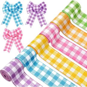 Whaline 36 Yards Spring Wired Edge Ribbons 6 Color Buffalo Plaids Fabric Craft Ribbon Rainbow Color Decorative Fabric Ribbon for Easter Wrapping Wreath Bow Making