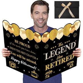 Retirement Card for Man Woman, Black Gold Large Retirement Card for Signing Jumbo The Legend Has Retired Guest Book Greeting Card with Envelope Retired Decorations Gift