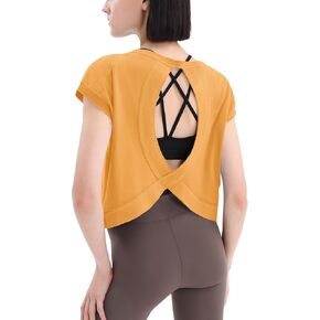 Loovoo Women's Open Back Workout Crop Tops Short Sleeve Yoga Shirts Cute Athletic Running Casual Backless Top Loose Fit in Kuwait