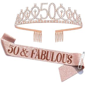 FUNSACHY 50 عيد ميلاد SASH & RHINESTONE TIARA مجموعة ، هدايا عيد ميلاد عمرها 50 عامًا لزخارف حفلة عيد ميلادها الخمسين