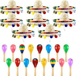 24 PCS Mexican Party Favors بما في ذلك 8 أجهزة كمبيوتر مكسيكية Fiesta Straw Sombrero Hat مع 16 PCS Fiesta Maracas للأطفال