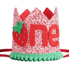 1st Birthday Strawberry Crown for Baby Girl, Cute First Birthday Strawberry Hat 1st Birthday Strawberry Decorations Strawberry Birthday Headwear Birthday Party Photo Props (Pink Series)