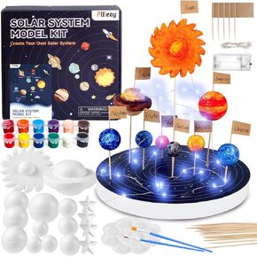 Pllieay Solar System Model Kit, Solar System Foam Ball Kit for Kids Science Project, Includes Small Light String, Foam Cylinder, Mixed Sized Foam Balls, Solar System Track Sticker and Bamboo Sticks