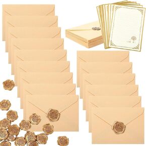 Vicenpal 30 Sets Invitation Envelopes Set 6.3 x 4.4 Inches Envelopes with A5 Writing Paper and Antique Gold Wax Seal Stickers for Office, Wedding Invitations, Graduation, Baby Shower, Parties
