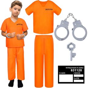 Poen Kids Prisoner Caseumeen Halloween مجموعة بذلة سجناء برتقالية مع الأصفاد وبطاقة الهوية للبنين الأطفال Cosplay (كبير)