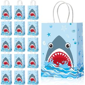 16 Pieces Shark Party Favor Bags with Paper Twist Handles, Blue Shark Candy Goodie Gift Bags for Kids Summer Ocean Sea Baby Shower Birthday Party Supplies, 6.3 x 3.1 x 8.7 Inch