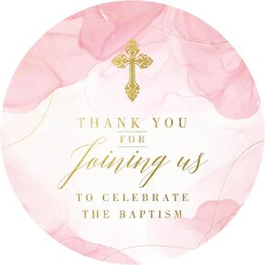 Mobiusea Creation Baptism Stickers for Girls | 2 inch | Pink Watercolor with Gold Foil Cross| 60pcs Waterproof Thank You Stickers Baptism Favor Tag Labels