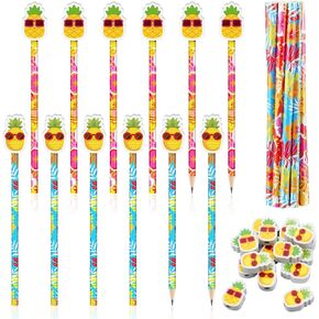 32 PCS قلم رصاص استوائي مع ممحاة الأناناس Topper Luau Party Favors هدايا الصيف Hawaiian Hibiscus Supplies Beach Tiki الأناناس ديكورات لحفلات المكتب لوازم المنزل