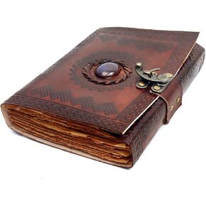 Vintage Leather Journal with Semi Precious Stone - Lock Closure, 240 Pages Antique Deckle Edge Paper - Book of Shadows, Grimoire Journal, Witch Journal for Men and Women (Small)