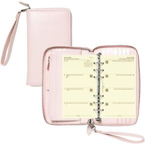 Filofax Malden Zip Organizer, Personal Compact Size, Pink - Tactile, Full-Grain Buffalo Leather, Six Rings, Cotton Cream Week-to-View Calendar Diary, Multilingual, 2025 (C022631-25)