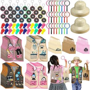 144 Pcs Kids Explore Costume Set Including Plastic Explorer Hats Safari Bag Vest Handheld Magnifying Glass Compass Keychain Whistles for Kids Outside Toys Party Favors Costume