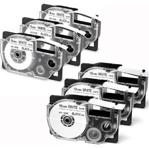 XR-9WE و XR-18WE استبدال لعلامة CASIO IT TAPE 9MM 18MM صانعة صانع COMPATIBLE CASIO EZ LABER PRINTER KL-120 KL-60 KL-100 KL-750 KL-750B KL-780 KL-7200 ، طباعة أسود أبيض ، 6 حزمة.