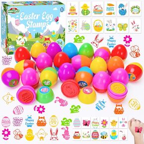 Max Fun 24pcs Easter Egg Stampers Preied Easter Egg Stamps مع 24 مساءً ملصقات الوشم عيد الفصح للأطفال Easter Eggs Hunt لعبة Easter Staints Fullers Goadies Stuffers
