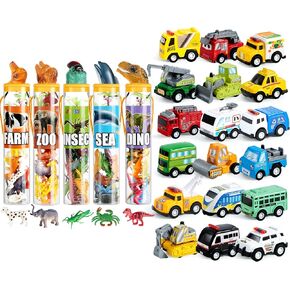 Joyin 18 pcs سيارات المدينة السحب مع 69pcs+69pcs شخصيات الحيوانات الصغيرة ، هدايا عيد ميلاد عيد الميلاد ، طفل صغير 1-3 ، طفل 3-5