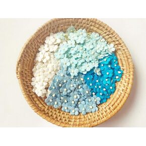 TH Set of 50 Tiny Flower Mixed Tone Blue White Embellishment with Thread stem Mulberry Paper Flower Size 0.30" Very Small Blue1 Craft Handmade DIY Scrapbook for so Many Card Craft Projects