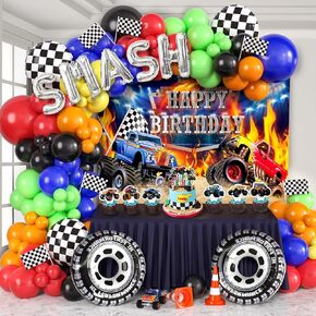145pcs Monster Truck Drither Decorations Machines Mam Party Decoration مع شاحنة موضوع بالون Garland Garland Arch Kit Wheel Backdrop Cake Topper Baby Shower Truck Supplies for Boys