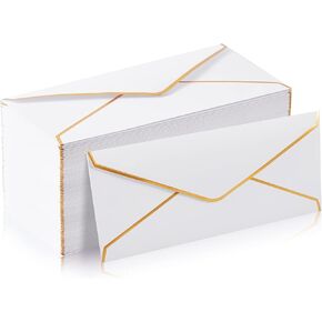 Ireer 100 PCS Business Occants v flap with Gold Border Gift Card Parkes for Office Check Check Aperation Gedding Treawing ، Business Bailing (#10 ، 9.45 × 4.13 inch ، White)